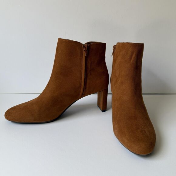 Alfani Boots Womens Size 9 Cognac Faux Suede Ankle Booties Block Heel Zip PAAMF - Picture 2 of 10